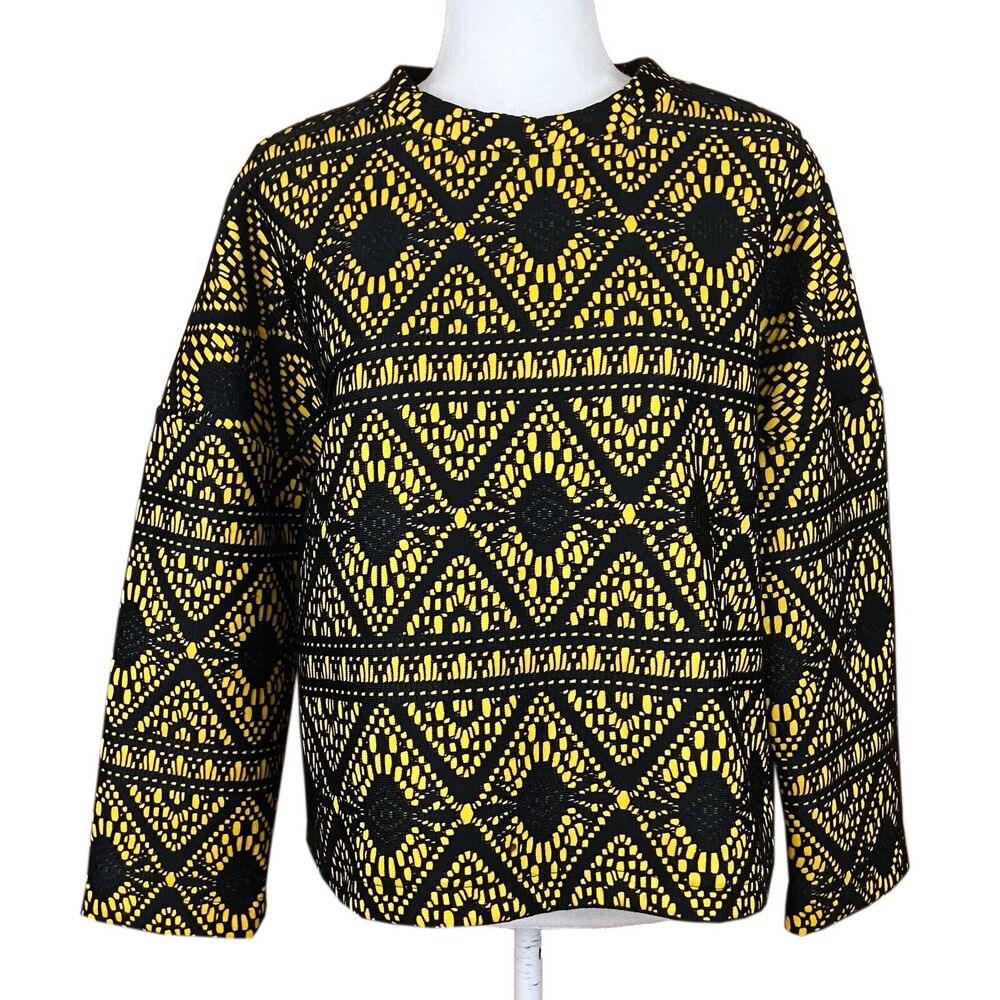 Zara Boxy Oversized Mock Neck Sweater Size S Yellow Black Crochet Lace Overlay